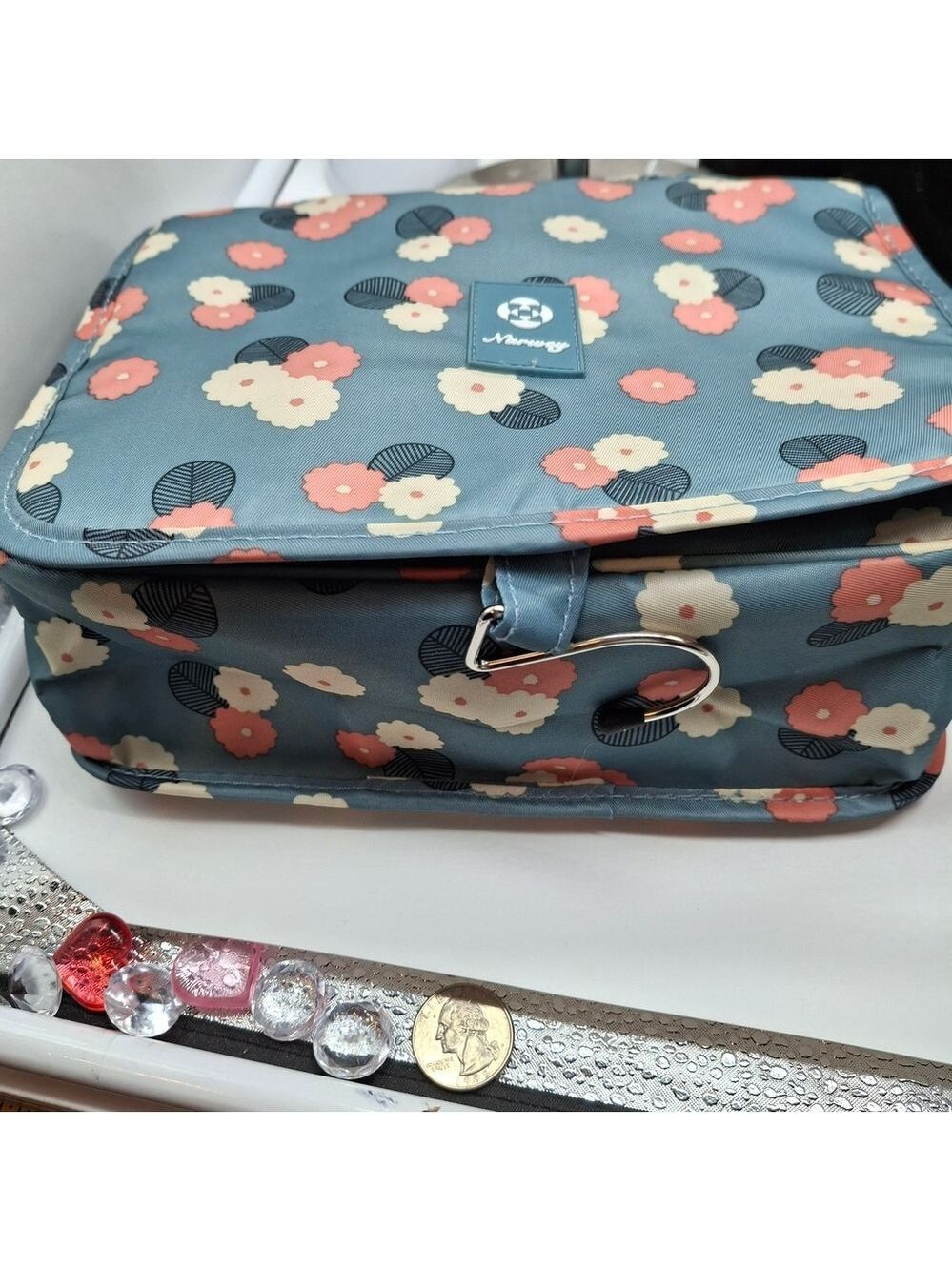 Makeup Narwey Flower Pattern Cosmetic Travel Bag by OVO - Blue and Pink